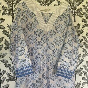 Vineyard Vines Tunic Top XL Blue White Floral V Neck Cotton Shirt
